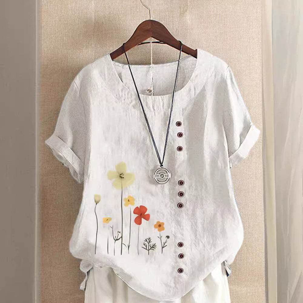 Casual Summer Beach Cotton And Linen Printed Elegant Short Sleeve blouse Top Women - EX-STOCK Canada