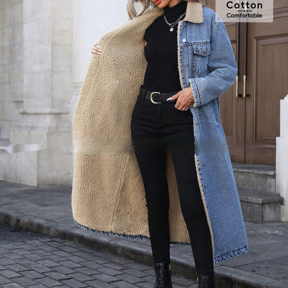 سترة جينز قطنية فضفاضة نسائية طويلة مبطنة بالصوف EX-STOCK Canada