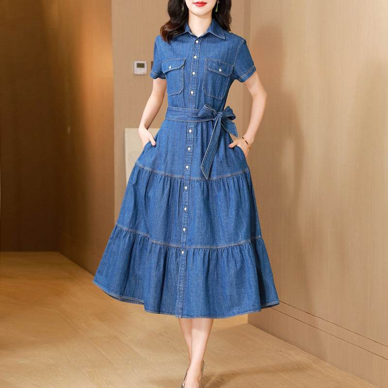 Classy Elegant Single Breasted Denim flared Midi Dress - EX-STOCK Canada