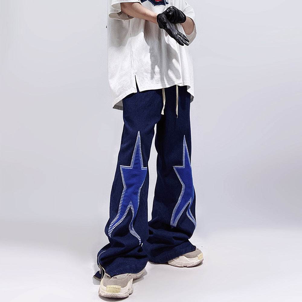 Five-pointed Star Embroidery Denim Horn Loose Straight Casual All-match Mop Jeans Baggy Trousers Men - EX-STOCK Canada