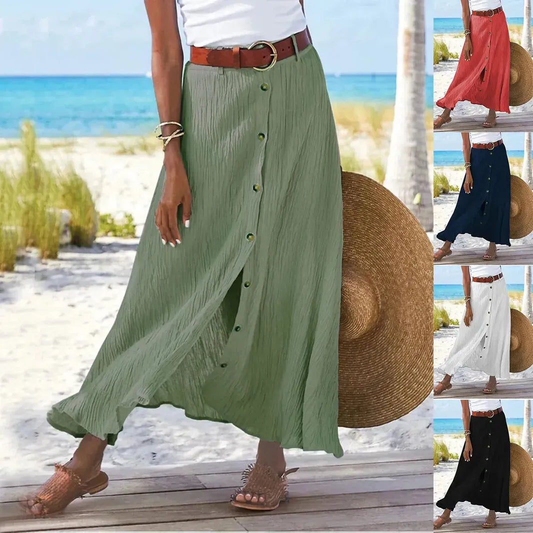 Women's summer Fashion Cotton Linen A-Line Hip Mid Waist Long maxi Skirt - EX-STOCK CANADA