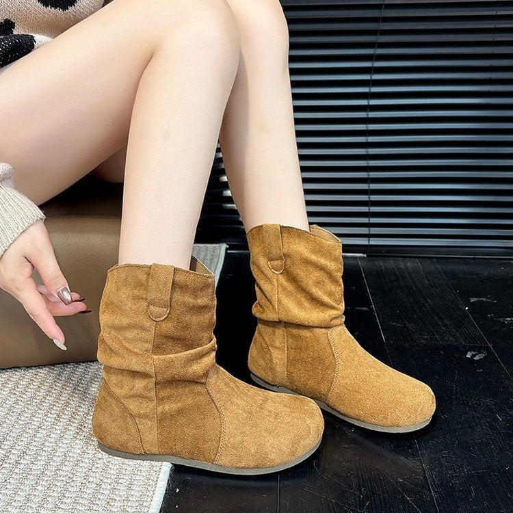 Women's Slouch Mid-Calf Suede Boots – Round Toe Flat Boot in Black, Brown & Camel