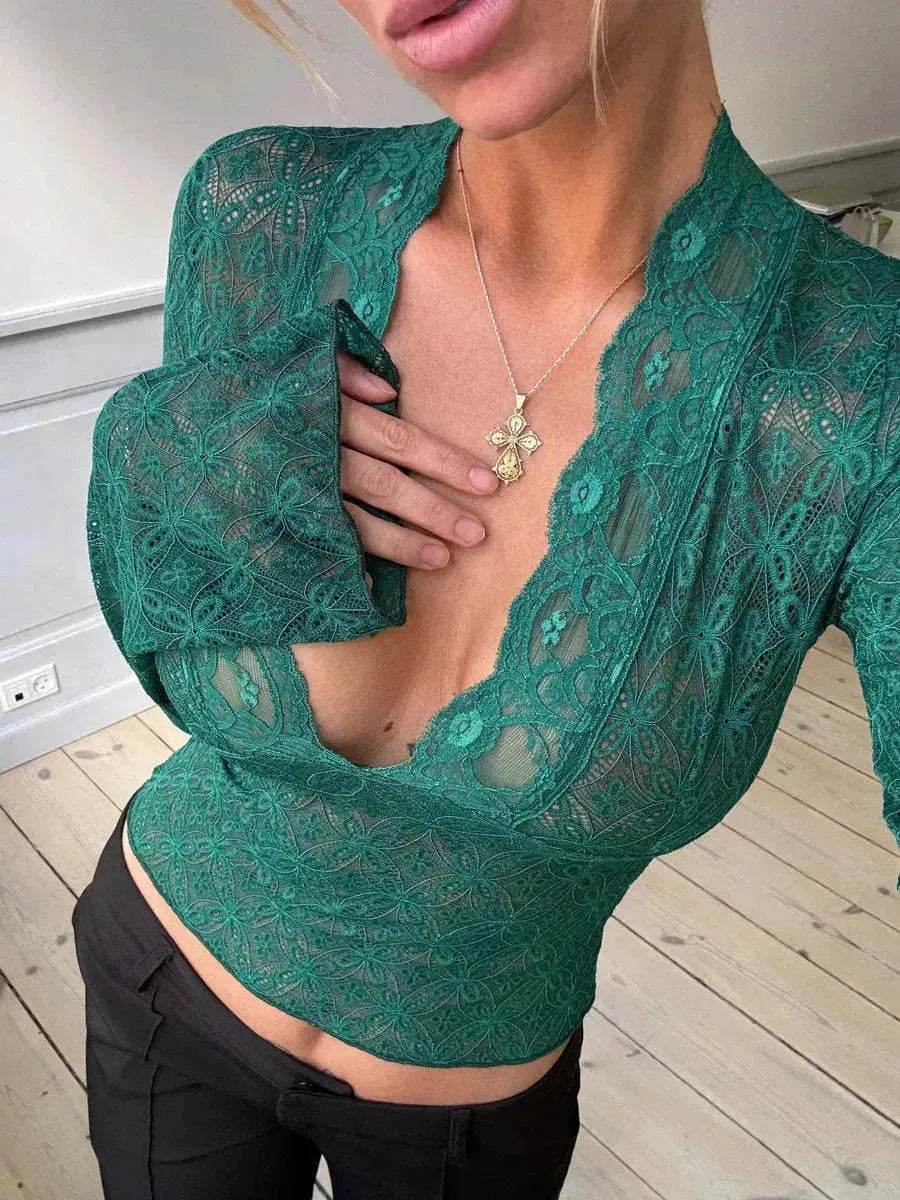 Flowers Lace Long Sleeve Top Y2K Fashion Slim Bottoming Crop Top for Women Casual Lace Top for Women - EX-STOCK Canada