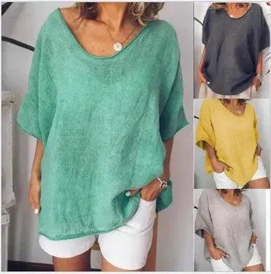 Spring Summer Loose Short Sleeves cotton linen blouse top Women Summer Tops - EX-STOCK CANADA