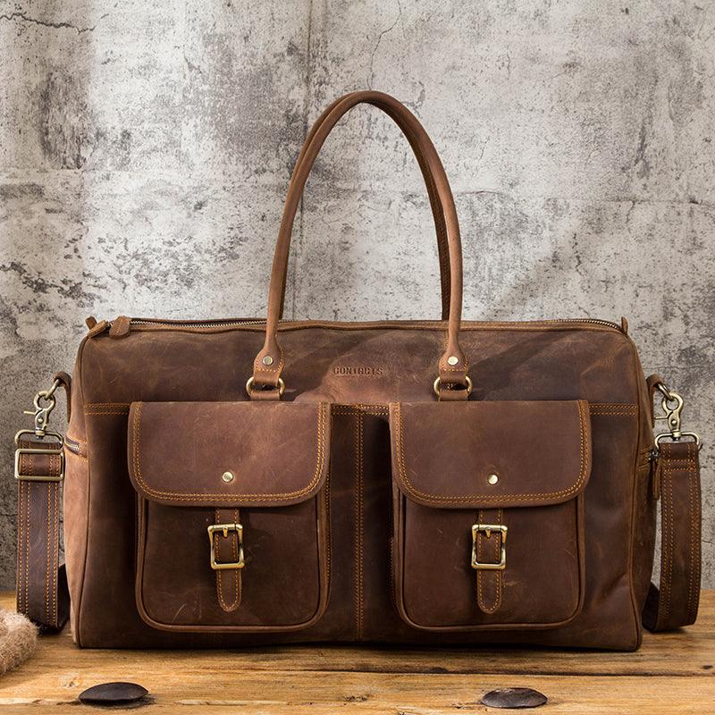 Crazy horse leather weekender travel duffel bag with laptop compartment multi pockets and adjustable shoulder strap