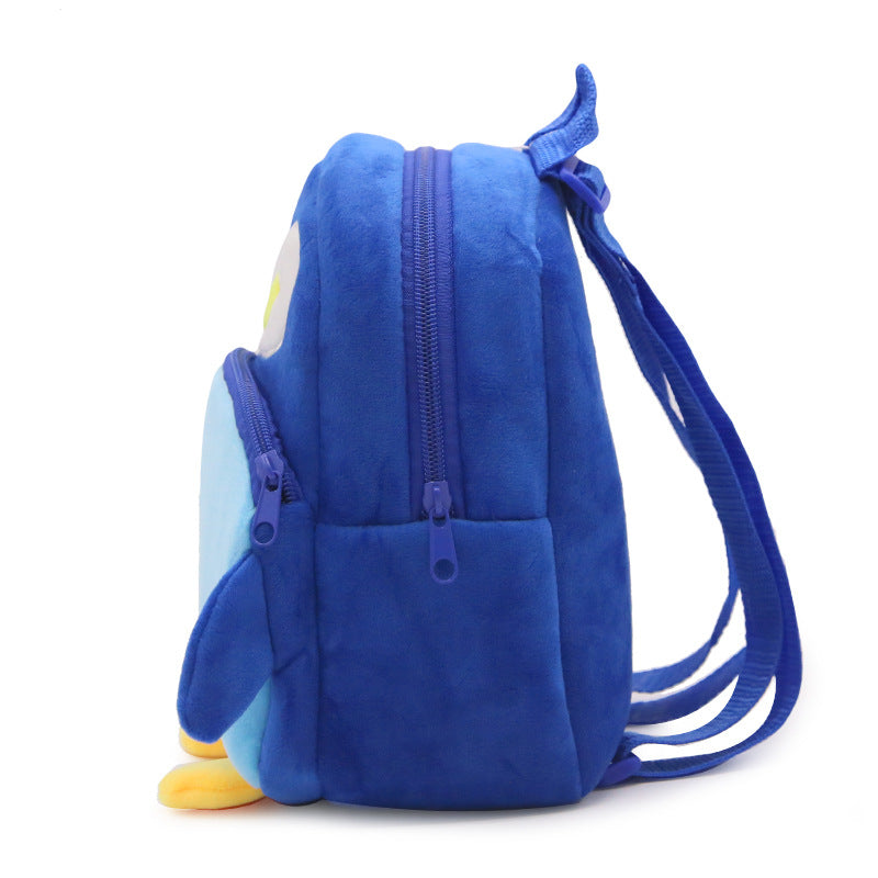 Blue backpack with a cartoon character on a white background