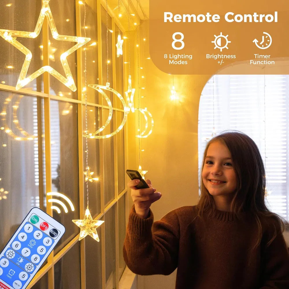 Ramadan Solar Icicle Lights,Outdoor Waterproof Moons Stars Curtain Window String With 8 Modes Timer Remote,USB Rechargeable Connectable Warm White Hanging Decor For Patio EX-STOCK Canada