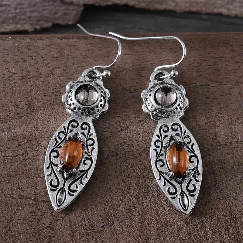 European And American New Retro Pattern Two-tone Gemstone Drop Earrings - EX-STOCK Canada