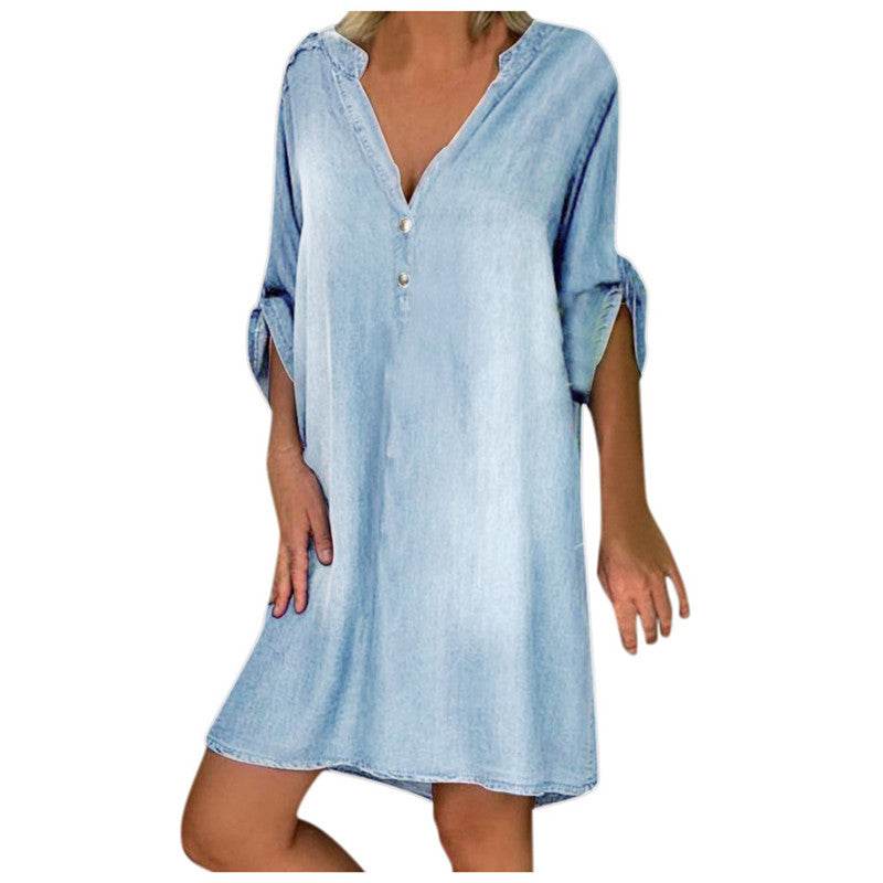 Casual Half Button Mid-sleeve loose Washed denim dress - EX-STOCK Canada