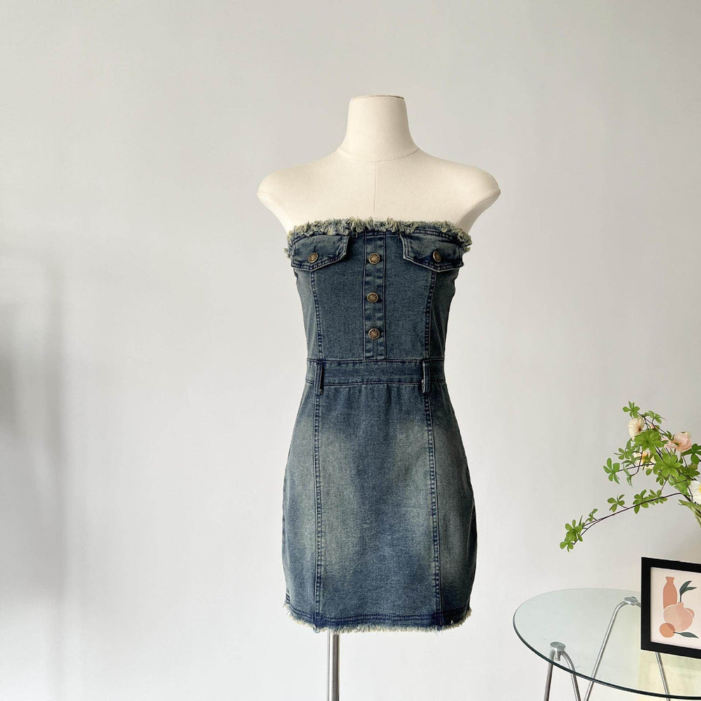 Design Waist-tight Tube Top Raw Edge Denim jeans mini club Dress - EX-STOCK Canada