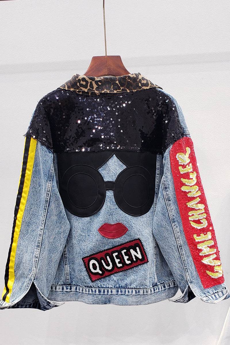 Single Breasted Embroidered Leopard Collar Denim Jacket Women - EX-STOCK Canada