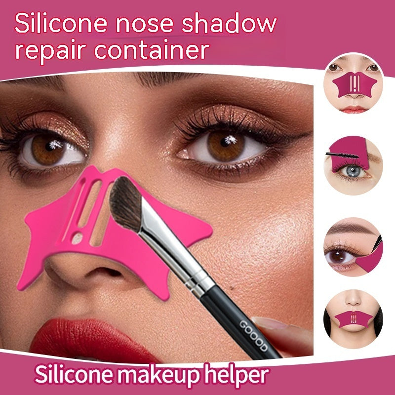 Silicone nose shadow repair container with a brush on a model's face, surrounded by close-up shots of the product.