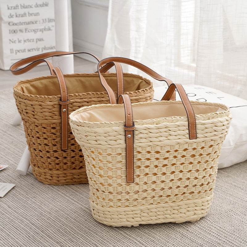 Large Capacity Fashion Urban Simple White Khaki Straw Braided shopper Beach Bag - EX-STOCK Canada
