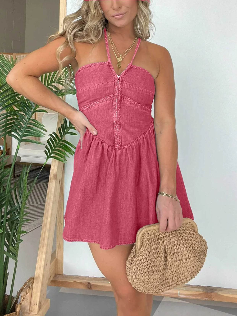 Fashion Women's Halter Denim Mini Flared Dress - EX-STOCK Canada