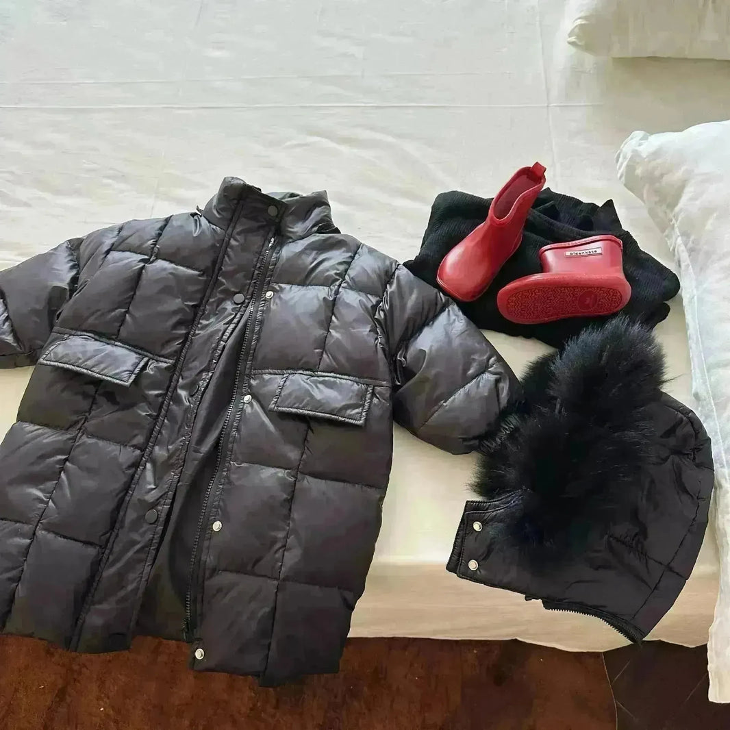 Solid Color Fur Collar Down Jacket Baby Long Section - EX-STOCK CANADA