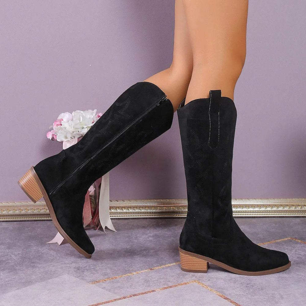 Women's Retro Pointed Toe Chunky Heel Solid Color Side Zipper Mid-calf Cowboy Boot - EX-STOCK Canada