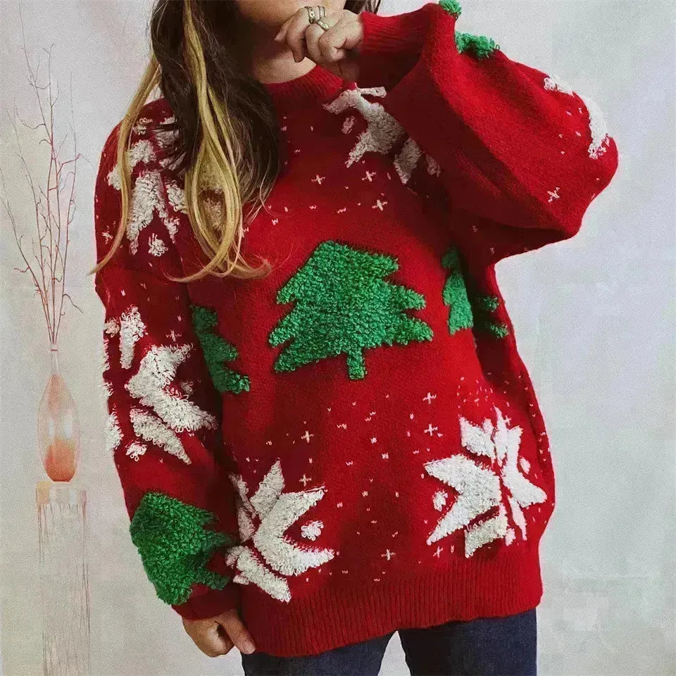Arbre de Noël de la mode pour femmes jacquard cou rond manche paillette à manches longues