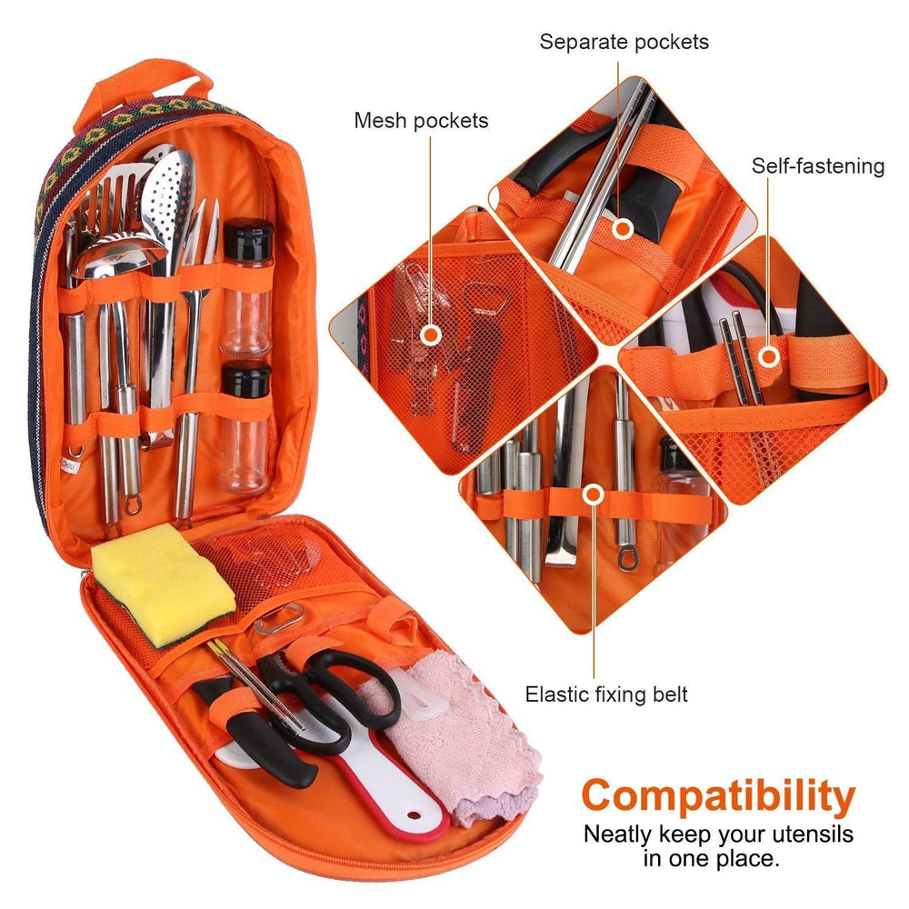 19Pcs Camping Cooking Utensil Kit Portable Picnic Cookware Outdoor Kitchen Equipment Gear Campfire Barbecue Appliances With Storage Bag - EX-STOCK Canada