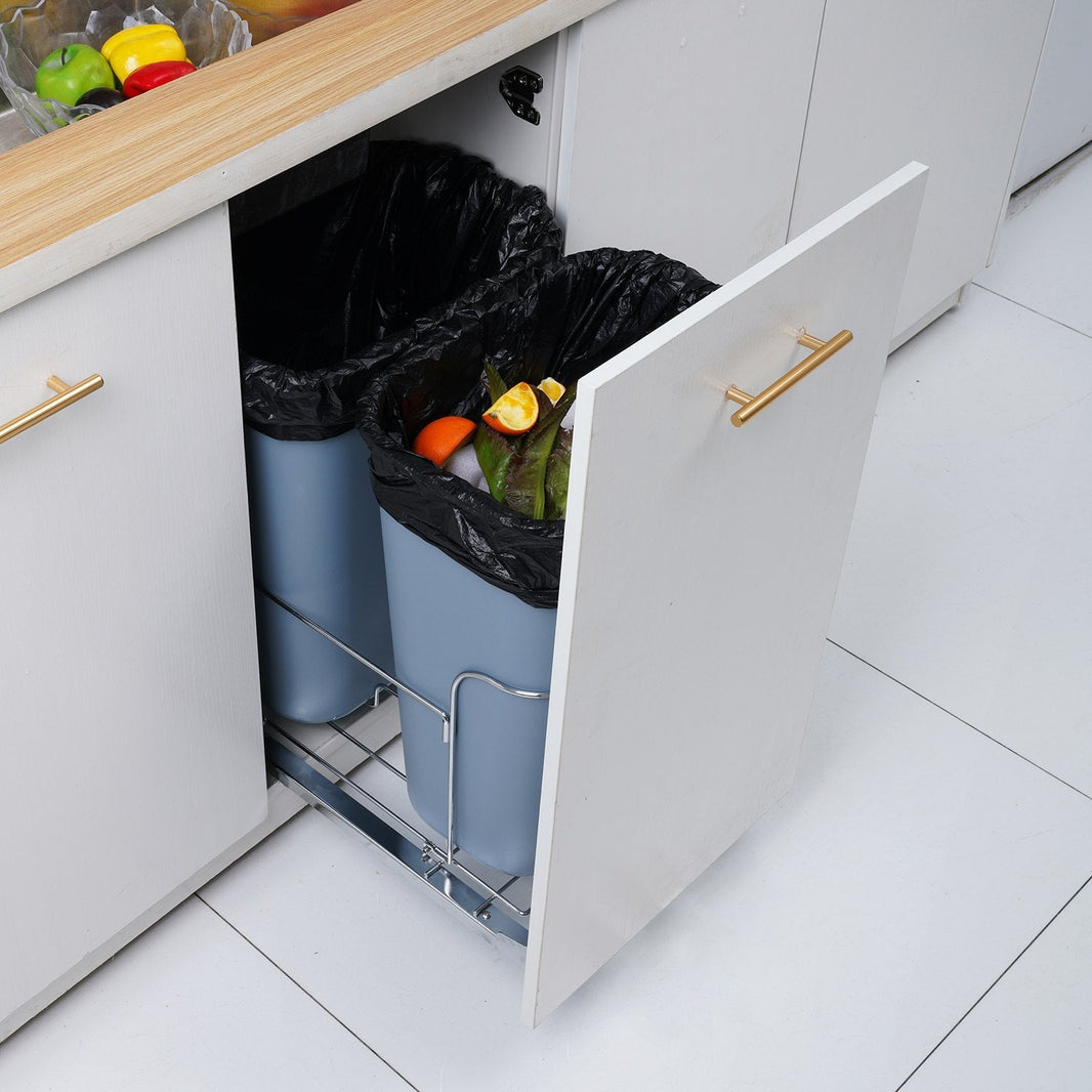 Pull-Out Trash Can, 35Lx2 Double Bins, Under Mount Kitchen Waste Container With Slide And Door Mounting Kit, 110 Lbs Load Capacity Heavy Duty Garbage Recycling Bin For Kitchen Cabinet, Sink EX-STOCK