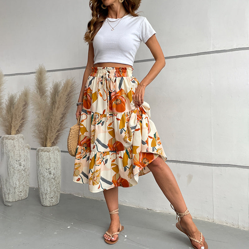 Women's Floral Tiered Midi Skirt Elastic Waist Dressy Casual A-line Flowy Boho Skirts EX-STOCK