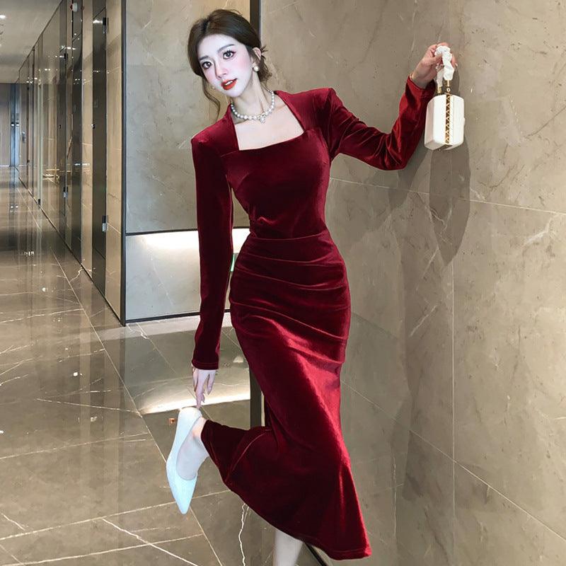 Women's Fashion Velvet Sheath Long Dress EX-STOCK Canada