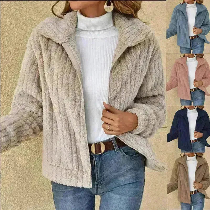Herbst Winter lässige Frauen Dicke Fleece Sherpa Lapel Strickjacke Pulloverjacke