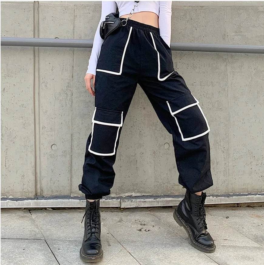 White Stripe Cargo Pants Women Trousers Pockets Patchwork Contrast Color High Waist Pants Hip Hop Capris - EX-STOCK Canada