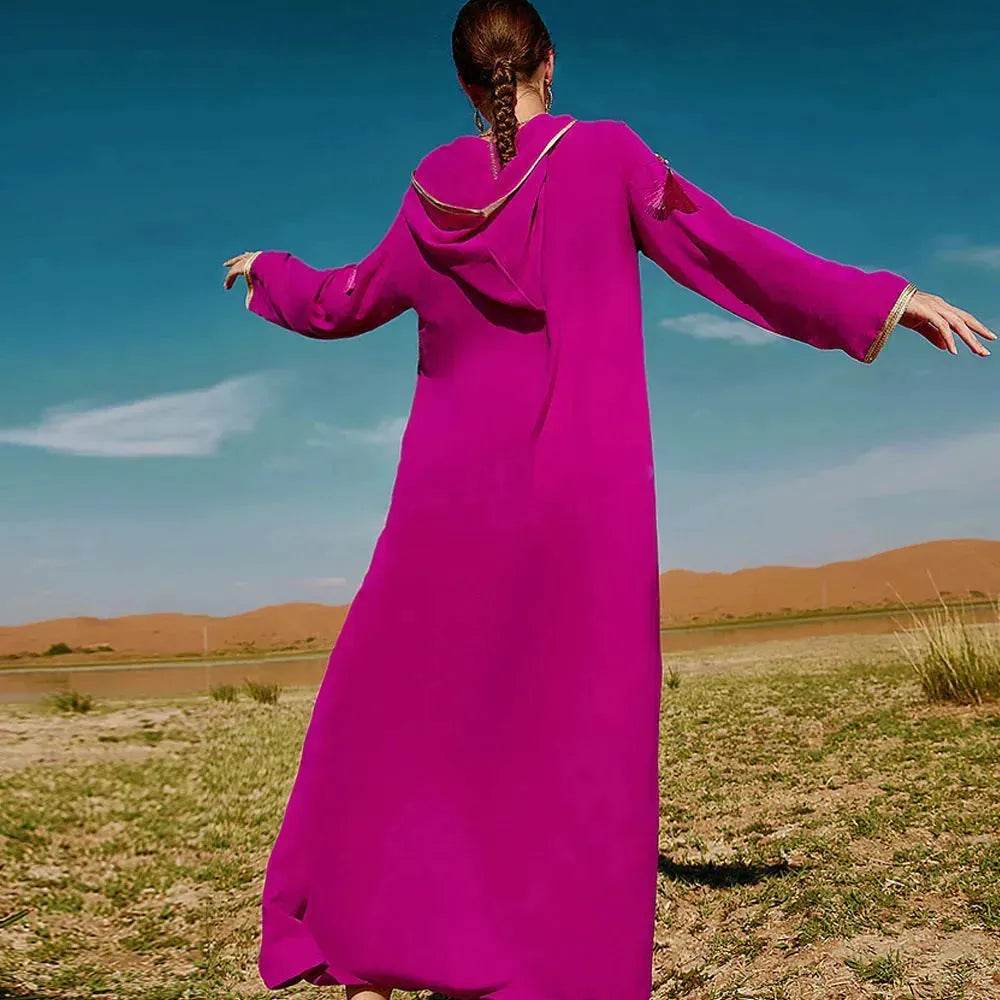 Women's Luxury Rose Red Hooded Middle East Moroccan Dubai Style Dress Fancy Embellish Summer Turkish dress - EX-STOCK Canada