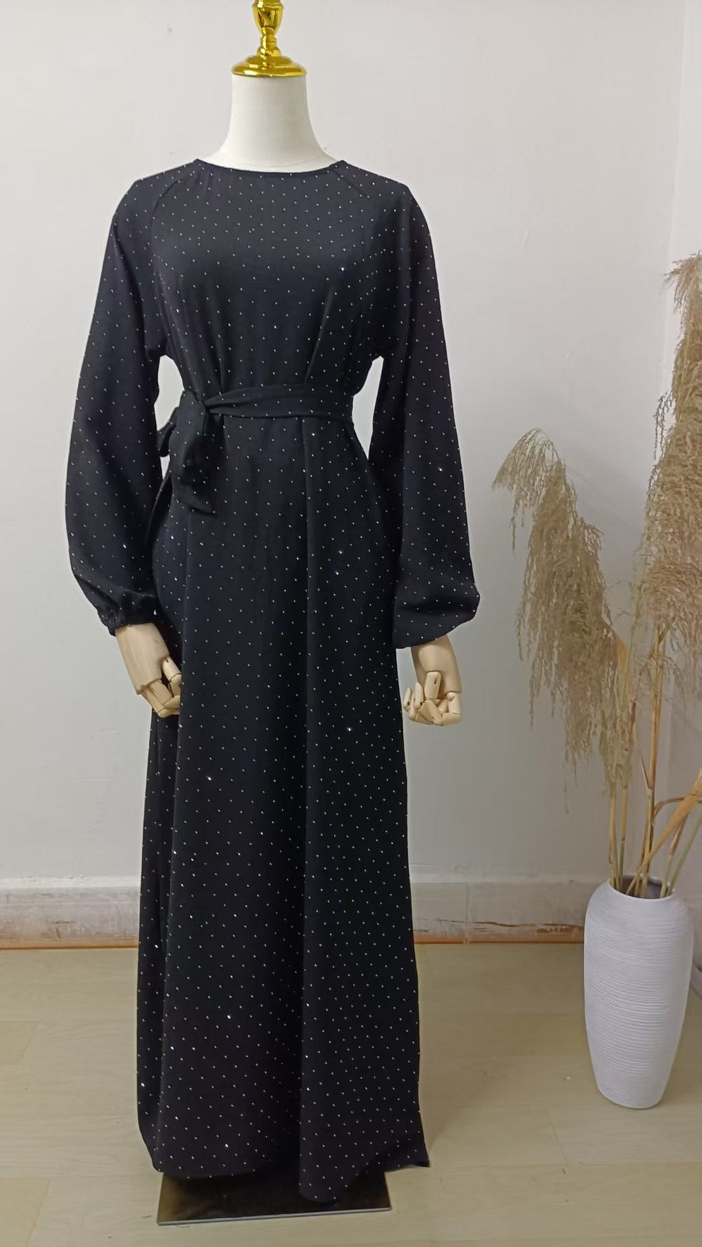 Muslim Rhinestone Dubai Round Neck Pullover Belt Dress - EX-STOCK Canada