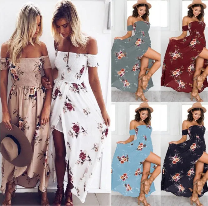 Elegant Ladies Summer Boho Vacation Resort Slit Maxi dress off shoulder Long floral Beach summer slit dress - EX-STOCK CANADA