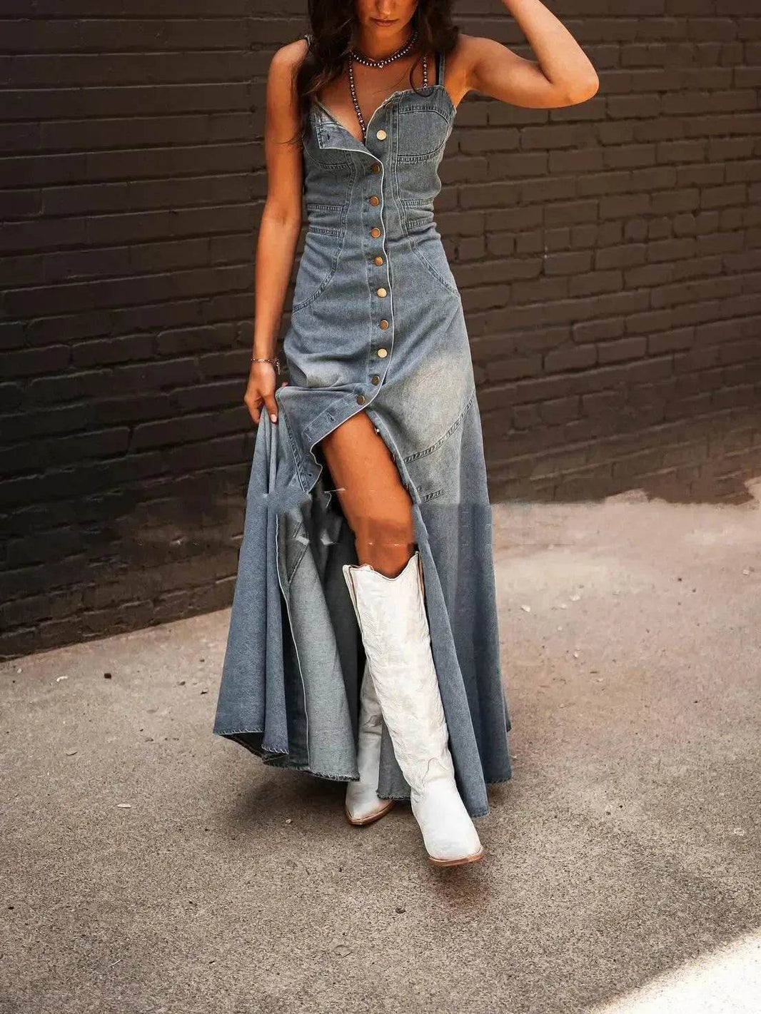 Ins Women's Summer Vintage Denim Large Swing Dress Denim Dress outfit - EX-STOCK Canada