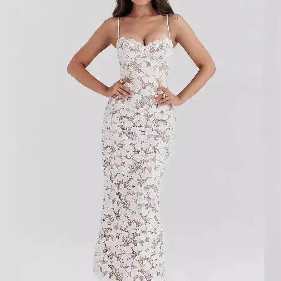 White Lace Wedding Dinner Party Cocktail Bodycon Spaghetti Strap Split Long Dress - EX-STOCK Canada