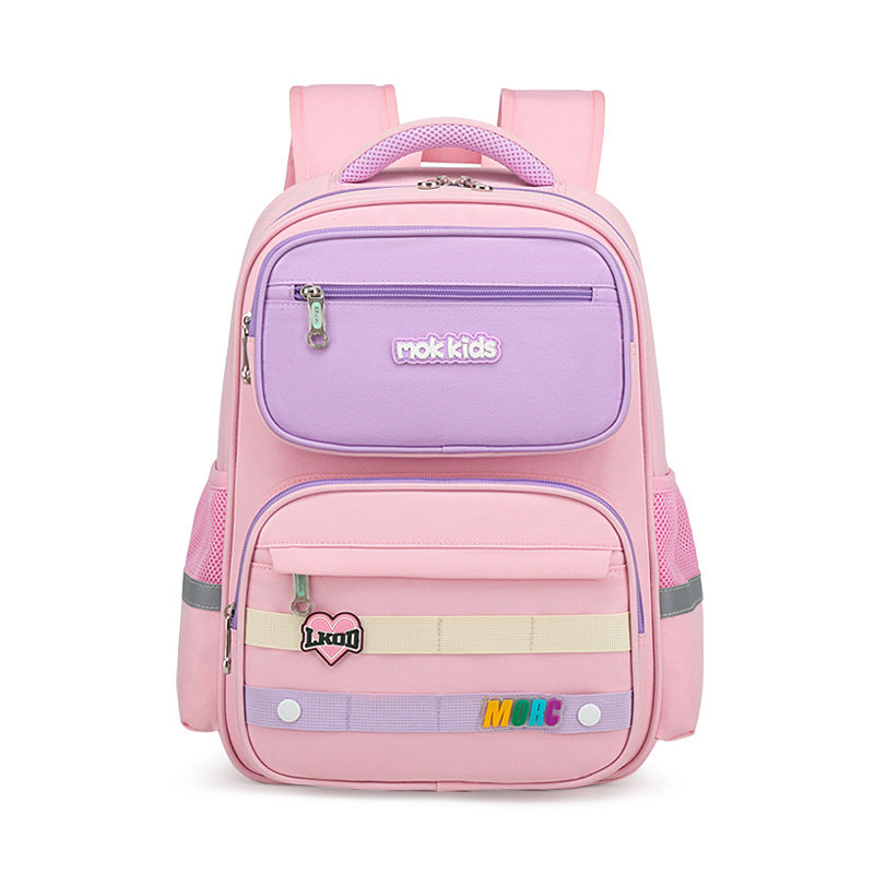 Pink and purple backpack with visible branding on a white background