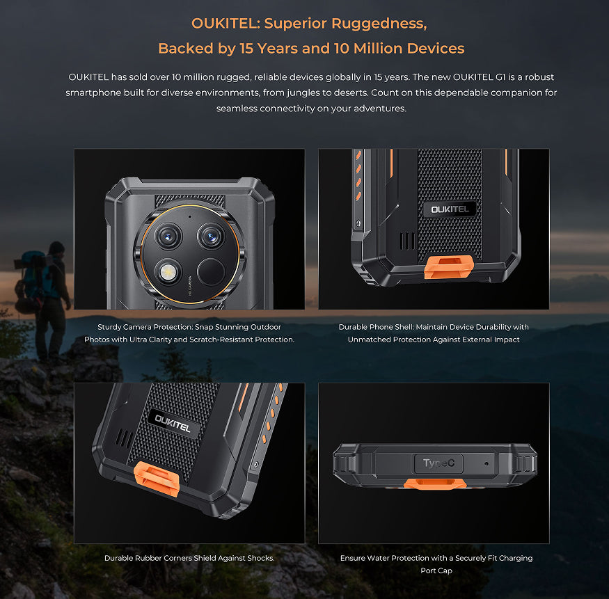 OUKITEL rugged smartphone with features highlighted on a dark background