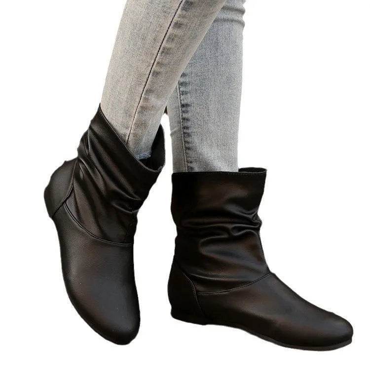 Fashion Round-toed Flat Boots Versatile Simple Slip-on Western Cowboy Boot Casual Short Shoes For Women - EX-STOCK Canada
