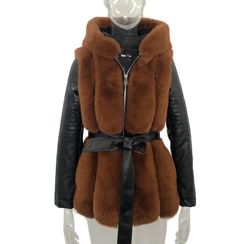 New Style Fur Belt Belt Hooded Zipper vest sleeveless Winter Jacket for women - EX-STOCK Canada