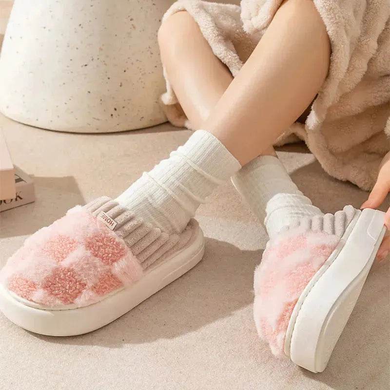Plaid Plush Slippers Women's Indoor Plush Home Slippers Soft Sole Thick Non-Slip Warm House Shoes Couple Autumn And Winter - EX-STOCK Canada