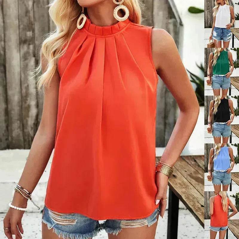 Fashion Sleeveless Top Summer Elegant Pleated Halter Neck Top for Women Classy High Neck Top - EX-STOCK Canada