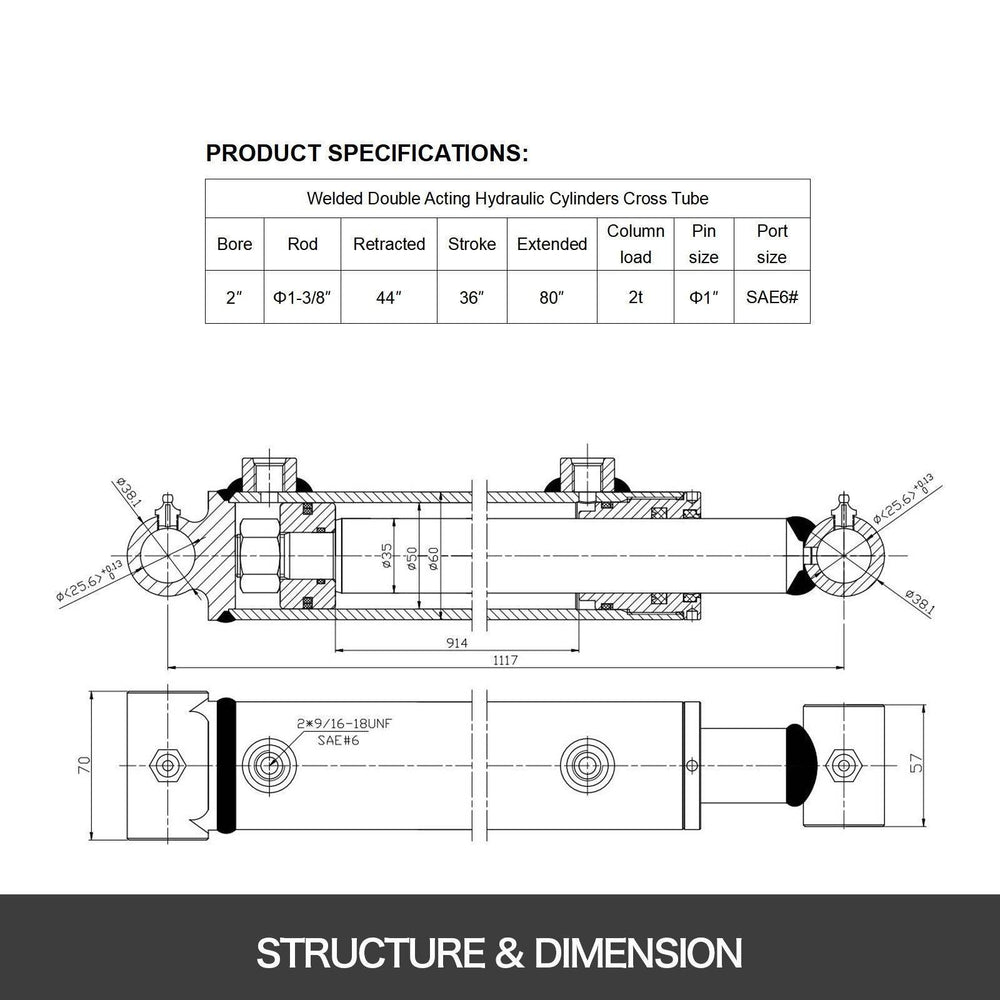 Hydraulic Cylinder 2 Bore 36 Stroke Hydraulic Ram Cylinder 3000psi Hydraulic Cylinders Welded Double Acting Cross Tube SAE6 Port Hydraulic Lifting Cylinder - EX-STOCK Canada