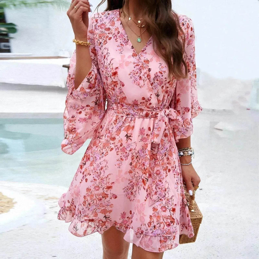 Casual Summer Chiffon Floral Print Short Sleeves Dress Lace Up Ruffles Design Fashion V-neck Short Mini Dresses Womens Clothing - EX-STOCK Canada