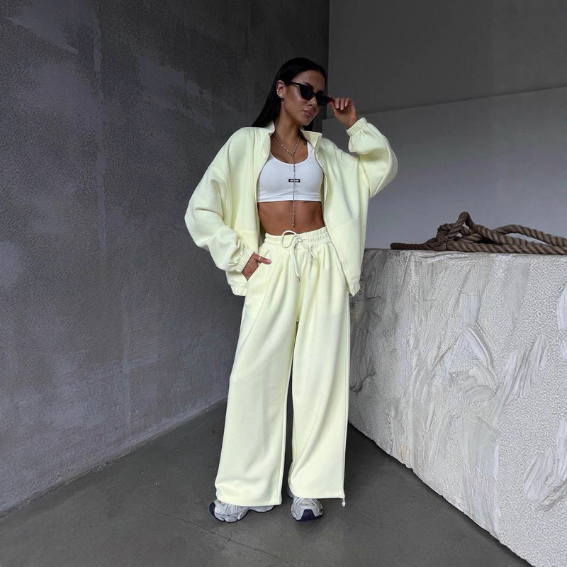 Women's Zip-Up Cardigan & Wide-Leg Sweatpants Set – Casual Athleisure Two-Piece | S–XL