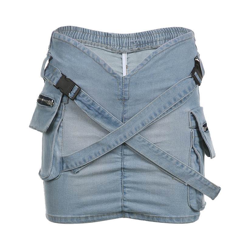 Cross School Bag Buckle V-shaped Waist Workwear Denim Mini Cargo Skirt - EX-STOCK Canada