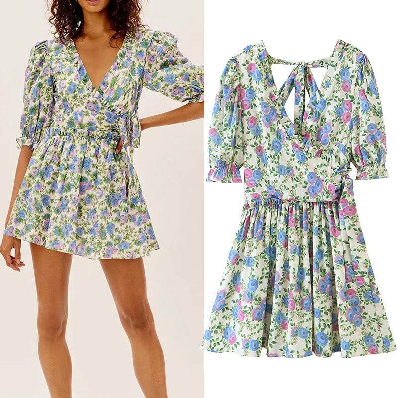 Women Summer Green Floral Chiffon Dresses Holiday Puff Short Sleeve V-Neck Back Lace Up Design Wrap One Piece Dress - EX-STOCK Canada