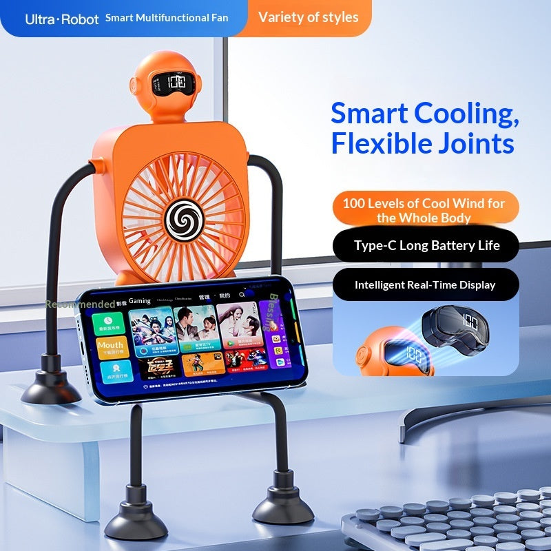 Smart cooling fan with robot design on a desk with smartphone display