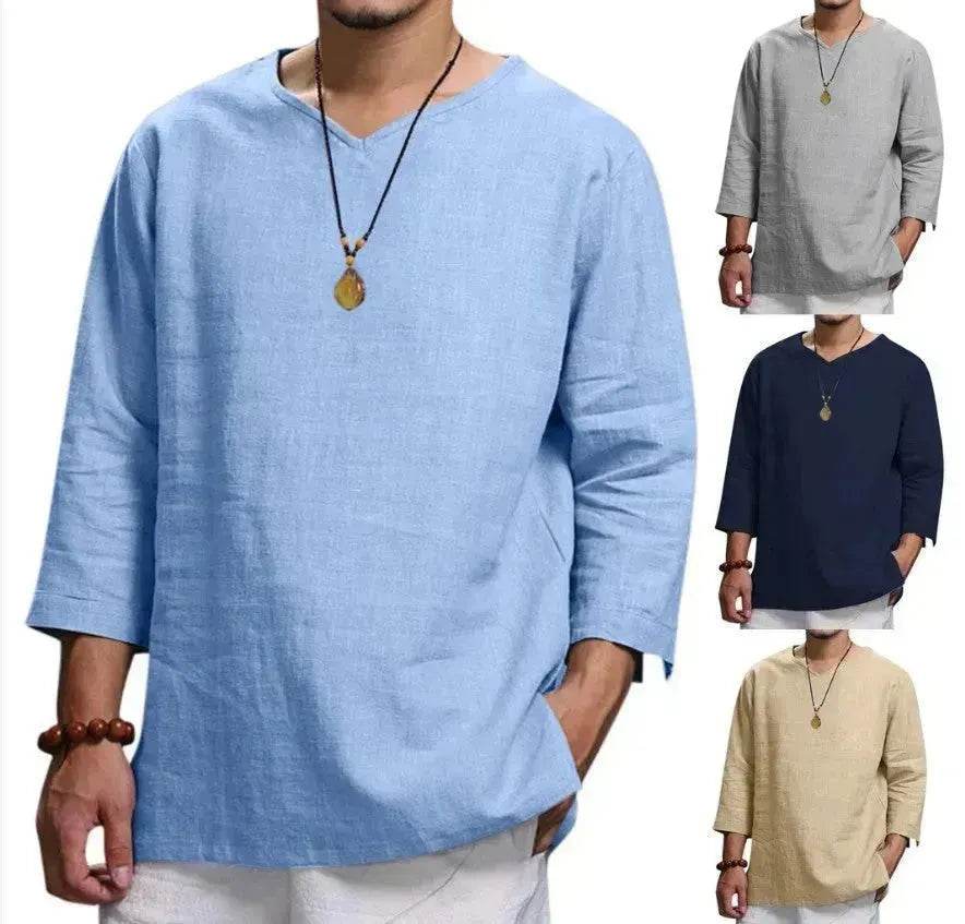 Loose Casual V-neck Top Cotton And Linen Long Sleeve Pullover Shirt Men's Shirt Top - EX-STOCK Canada
