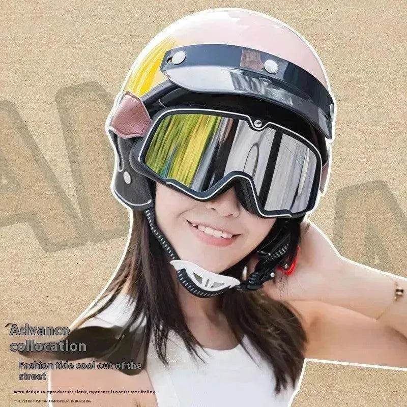 fashion cool motorcycle helmet 3C Certified Electric Sports Motorcycle Bike Retro Helmet Men And Women Rose Red Harley Goggles