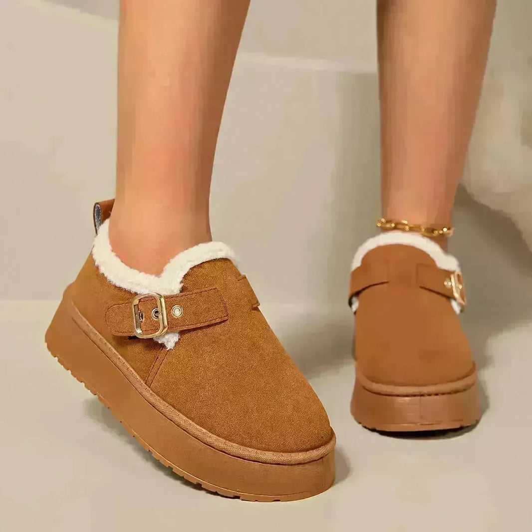 Fashion Round Toe Ankle Boots With Buckle Design Winter Warm Thickened Cotton Shoes Suede Flat Boot For Women - EX-STOCK CANADA