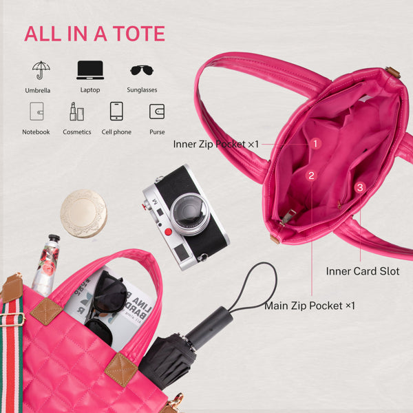 حقيبة توت مبطنة للنساء بسحاب، حقيبة مبطنة ومنفوخة خفيفة الوزن قابلة للحمل على الكتف مع حزام - ورديEX-STOCK Canada