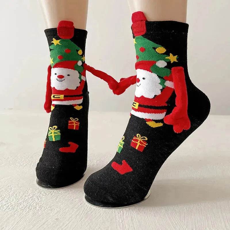 Christmas Magnetic Socks Cute Elk Santa Claus Snowman Hand-holding Socks For Couple - EX-STOCK Canada