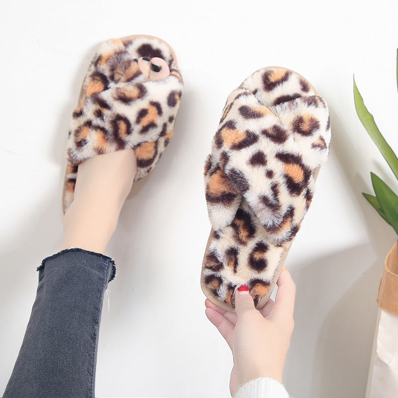 Chaussons Mignons à Lanières Croisées Léopard en Peluche Pour La Maison Chaussons Plates de Chambre Chaussons Pour FemmesEX-STOCK Canada